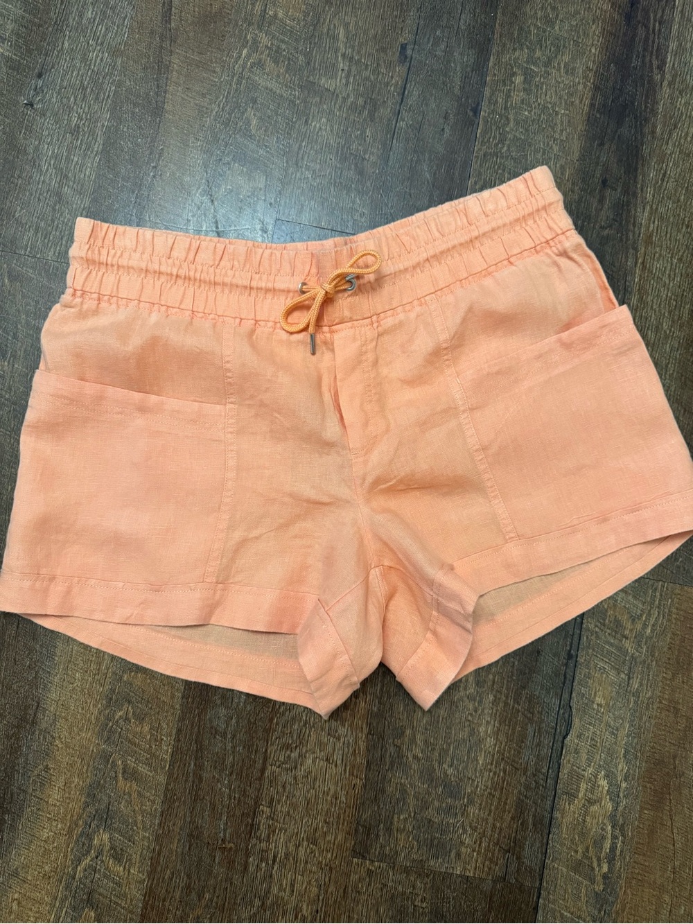 Athleta Cabo 100% Linen Peach Drawstring Shorts Pockets Women’s Size 16
